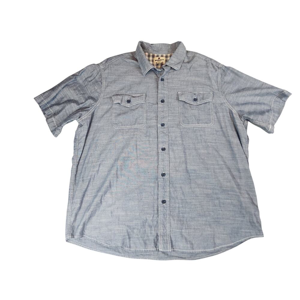 Woolrich Men’s XXL Chambray Button Front Shirt Blue Short Sleeve Cotton